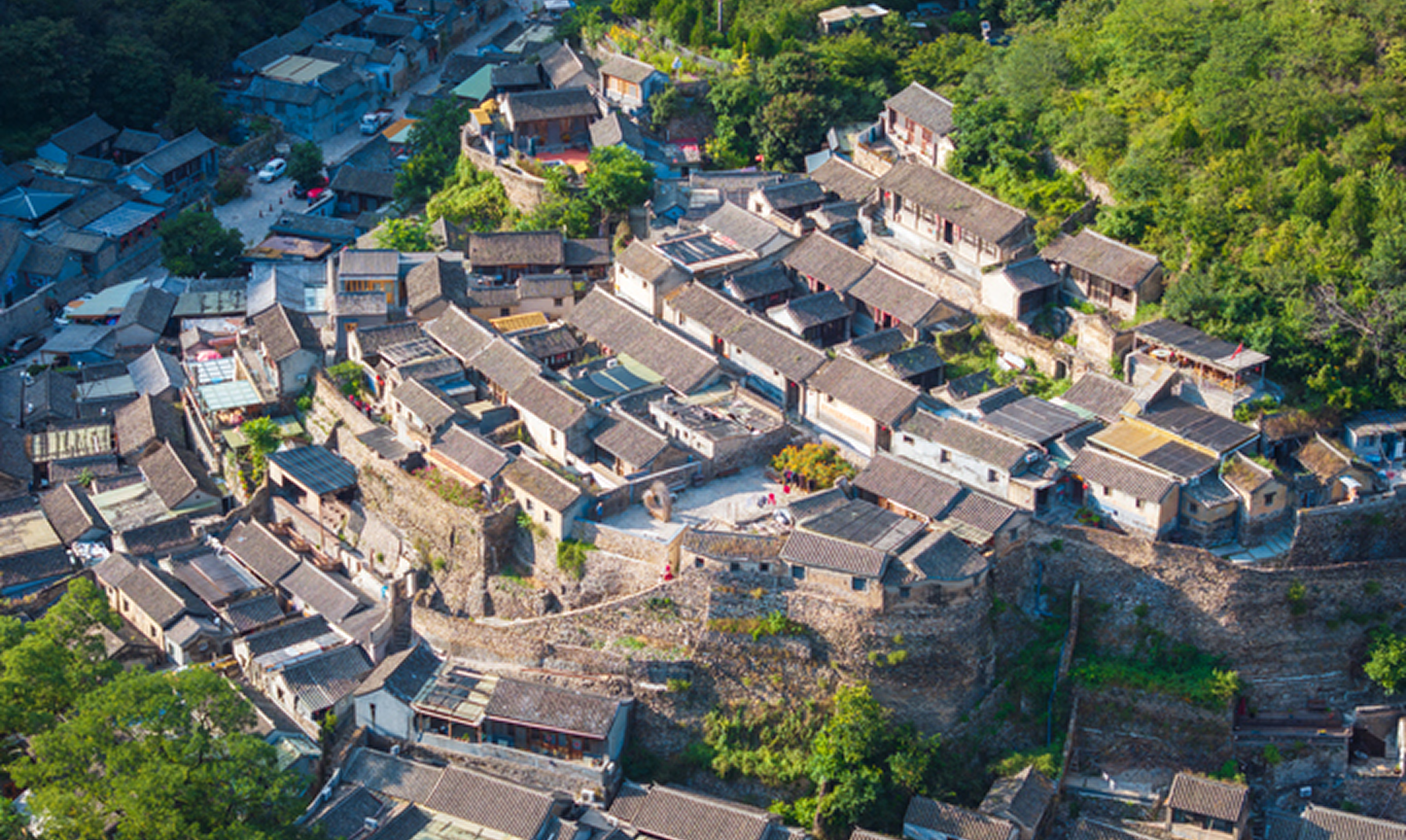 Aerial view of ancient village rooftops
