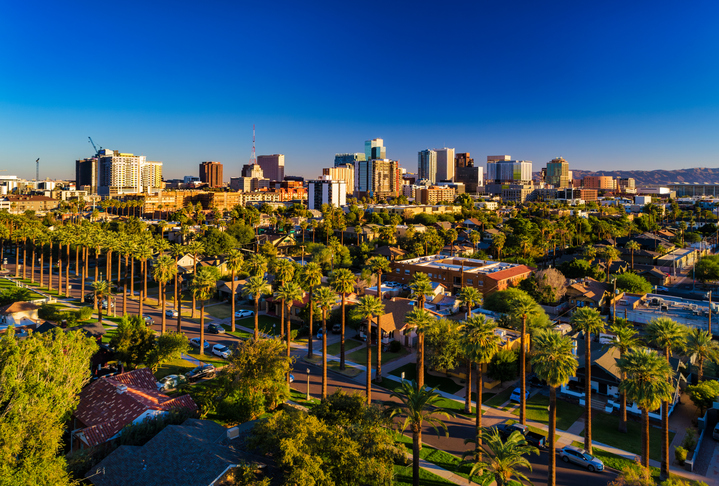 Downtown Phoenix under clear blue sky
